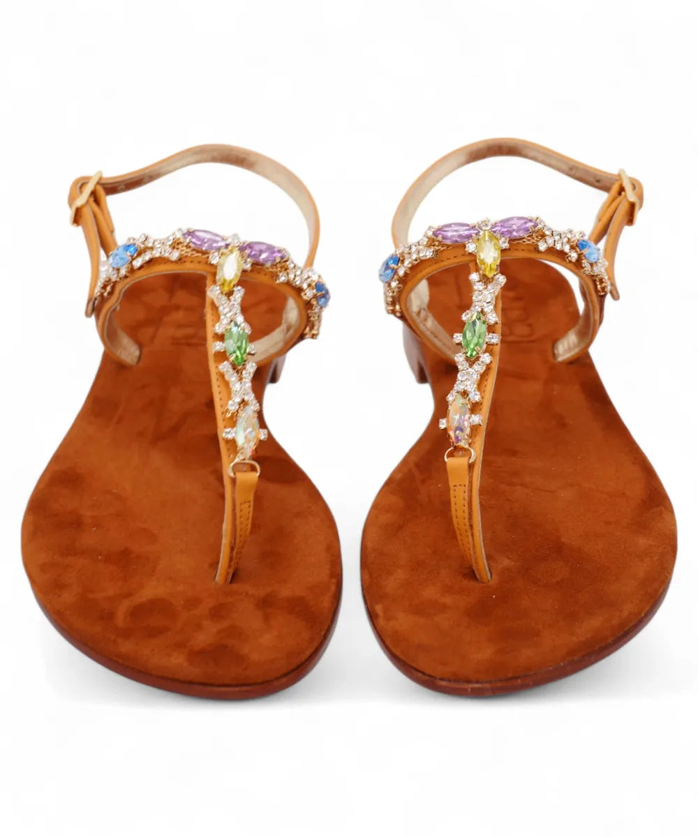 Sandalo Infradito Capri a Fascia “T” con Gioielli Multicolor-Capri Vittorio Citro-Sandali-Vittorio Citro Boutique