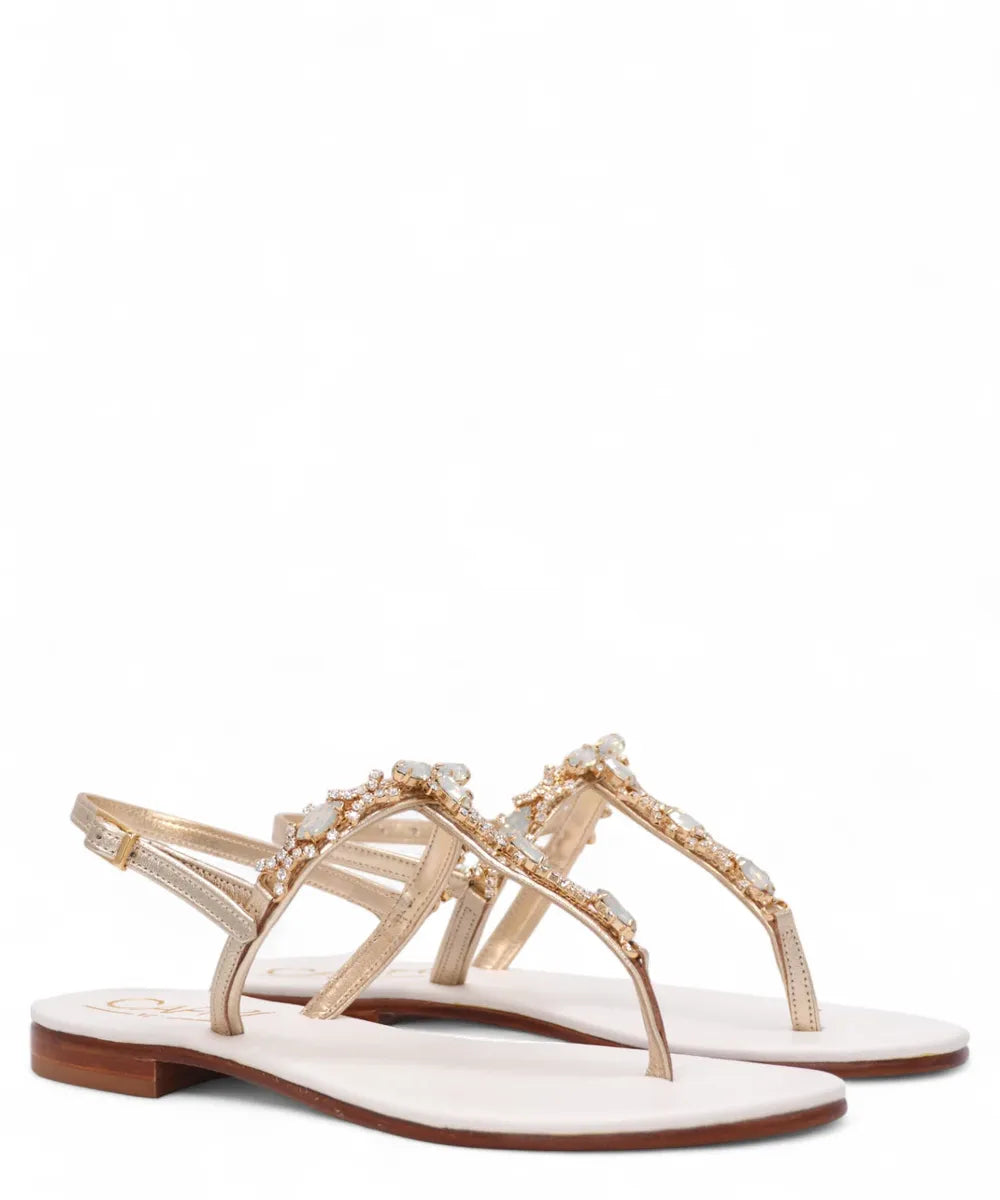 Sandalo Capri Infradito in Pelle Laminata Oro con Gioiello-Capri Vittorio Citro-Sandali-Vittorio Citro Boutique