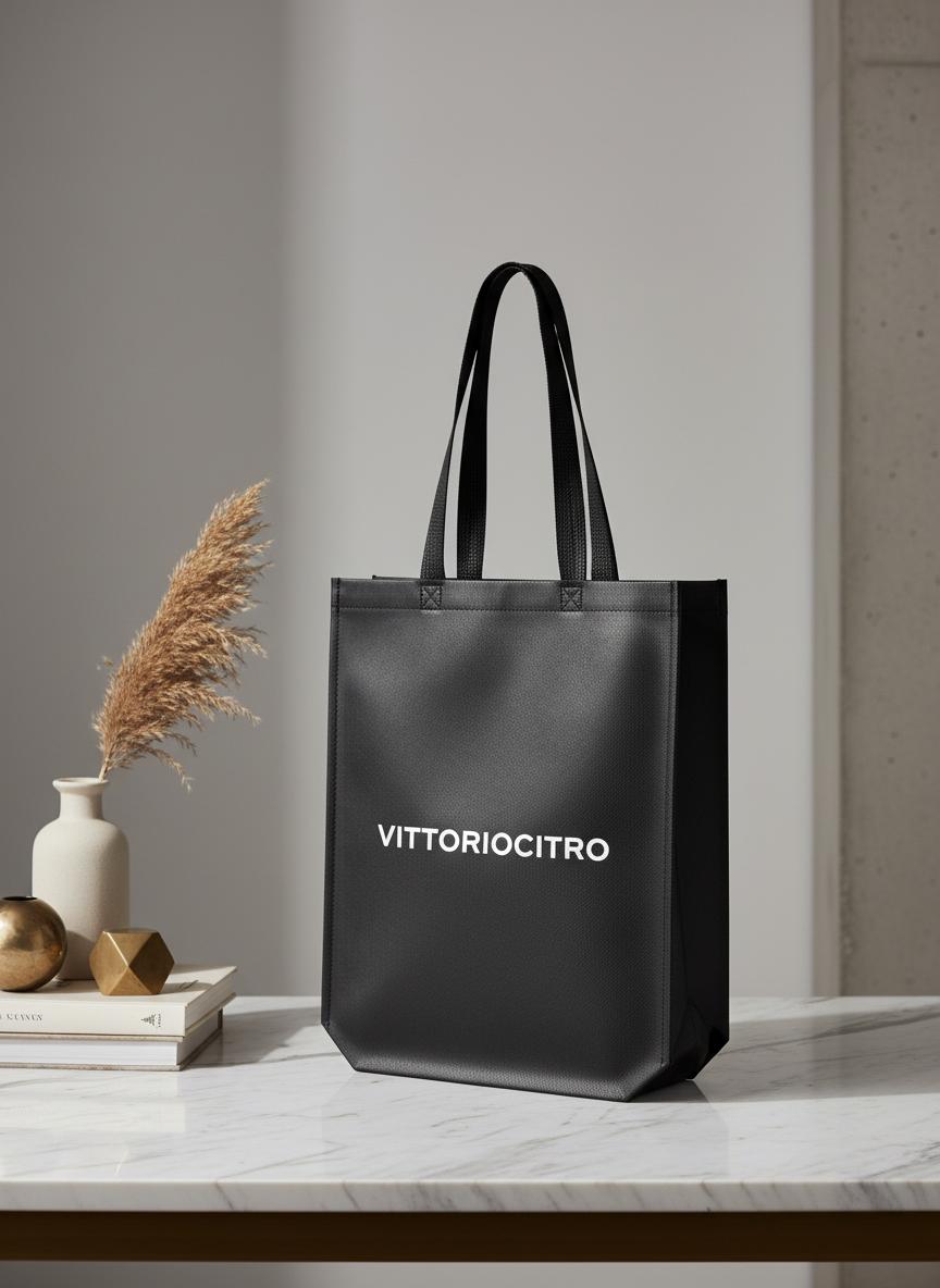 Shopper TNT nero personalizzata VITTORIOCITRO su tavolo moderno, con manici lunghi e design minimal per uso promozionale.