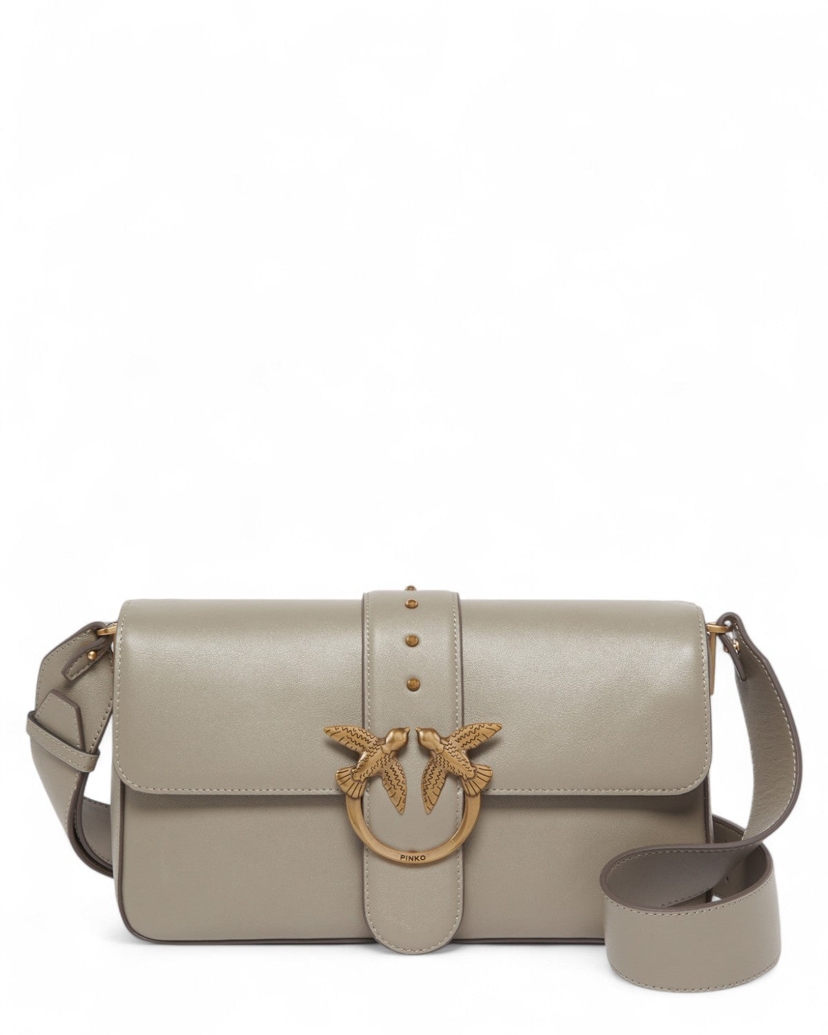Borsa in pelle a spalla PINKO Love Bag Slouchy grande, color tortora con chiusura a patta e iconico dettaglio Love Birds dorato.