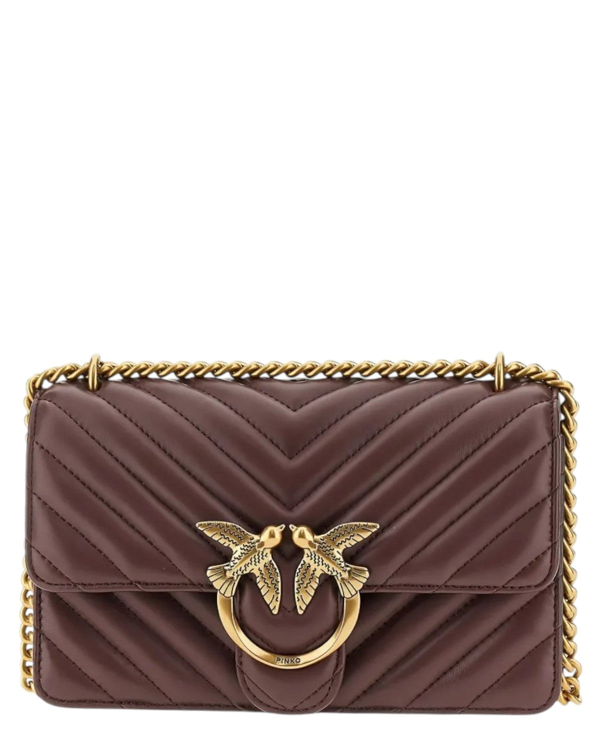 Mini Love Bag Chevron in nappa trapuntata color vinaccia con fibbia dorata Love Birds e tracolla a catena, perfetta per look eleganti invernali.
