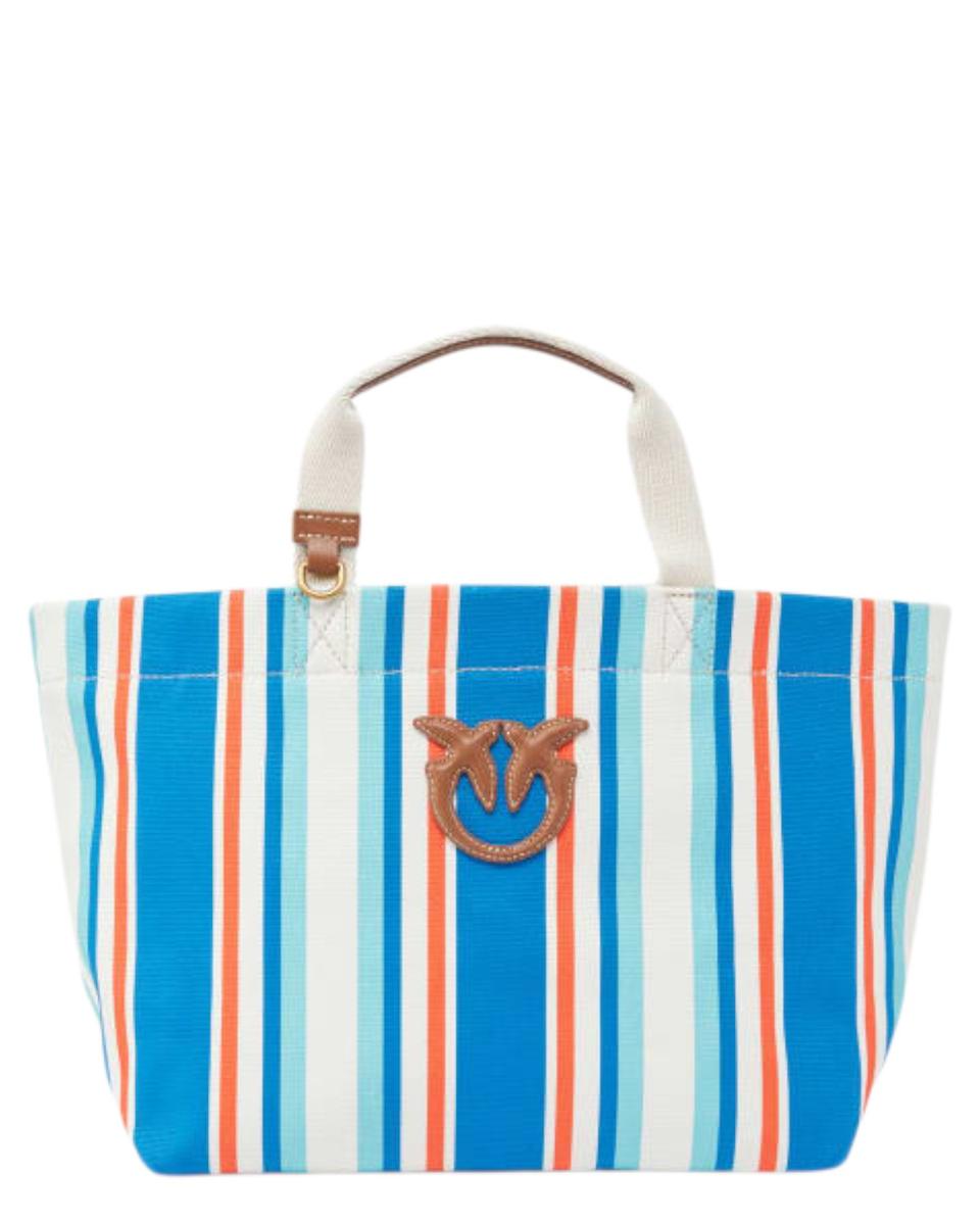 Shopper Media in Tela a Righe con Manici in Pelle e Logo Love Birds-Pinko-Borse a mano-Vittorio Citro Boutique