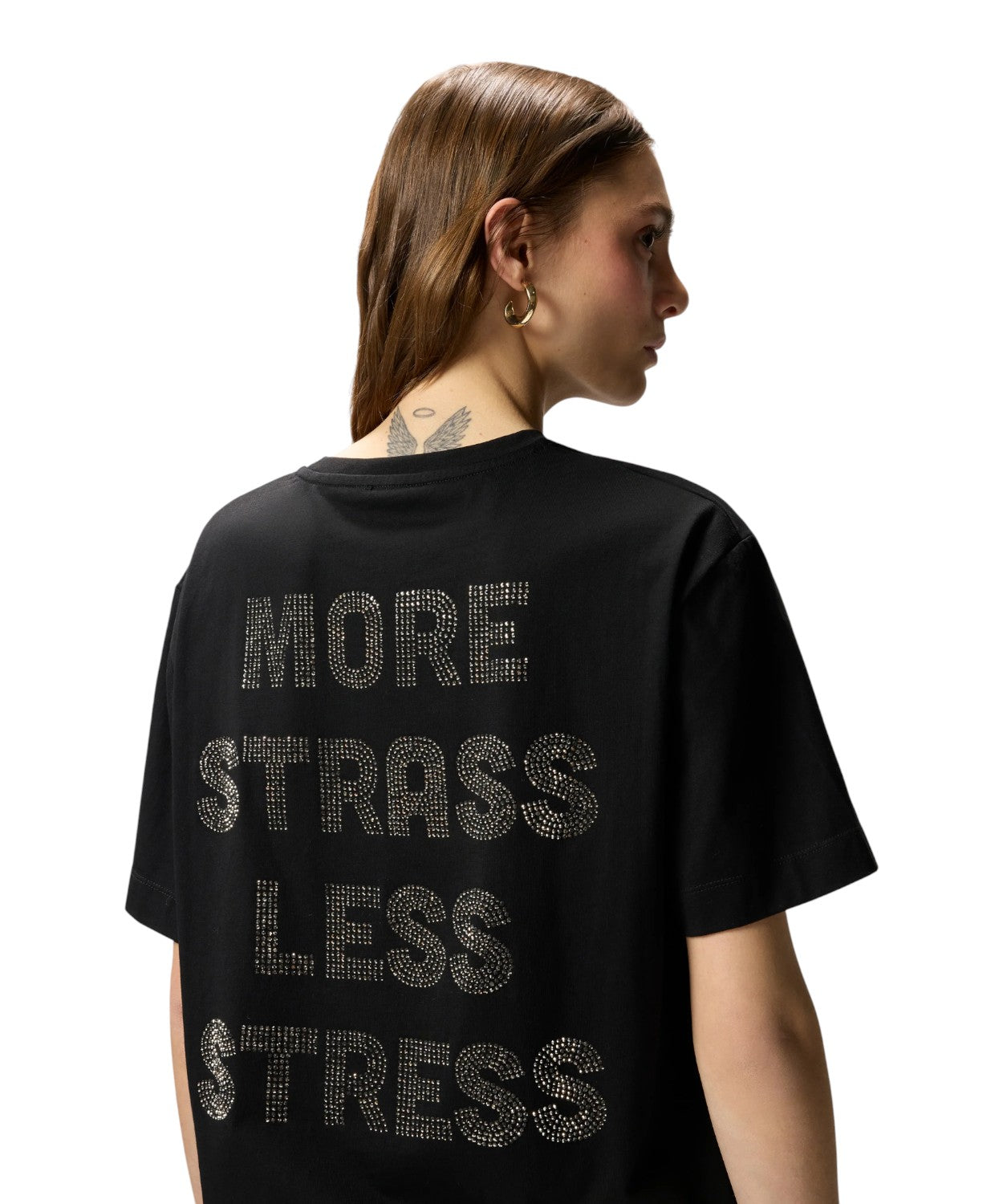 T-shirt con strass “More Strass Less Stress” di Pinko