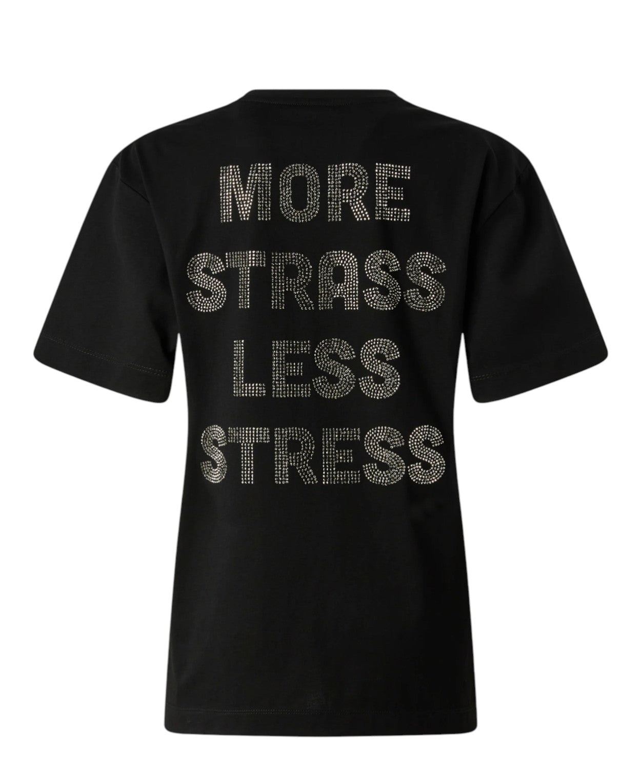 T-shirt con strass “More Strass Less Stress” di Pinko