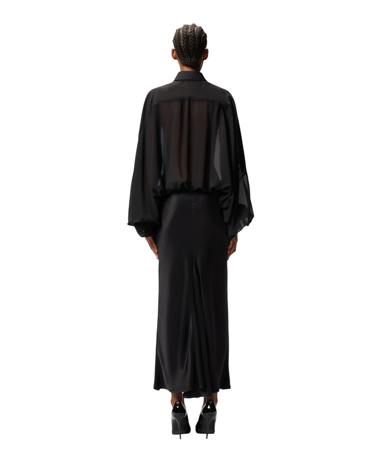 Body a blusa in chiffon con plastron e bottoni gioiello