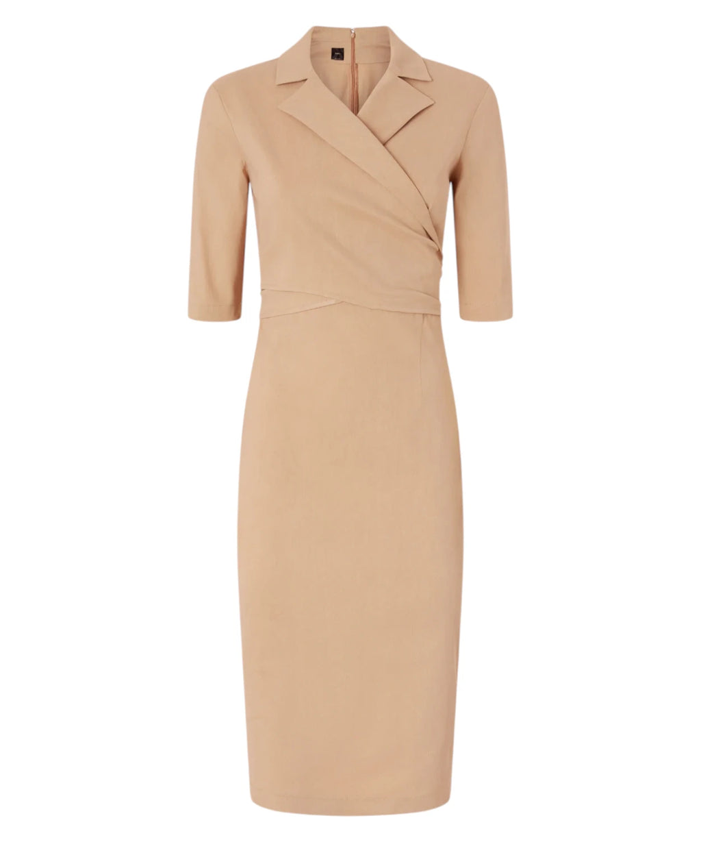 ALLYSON Asymmetric Fitted Linen Blend Dress with Bow and Lapels