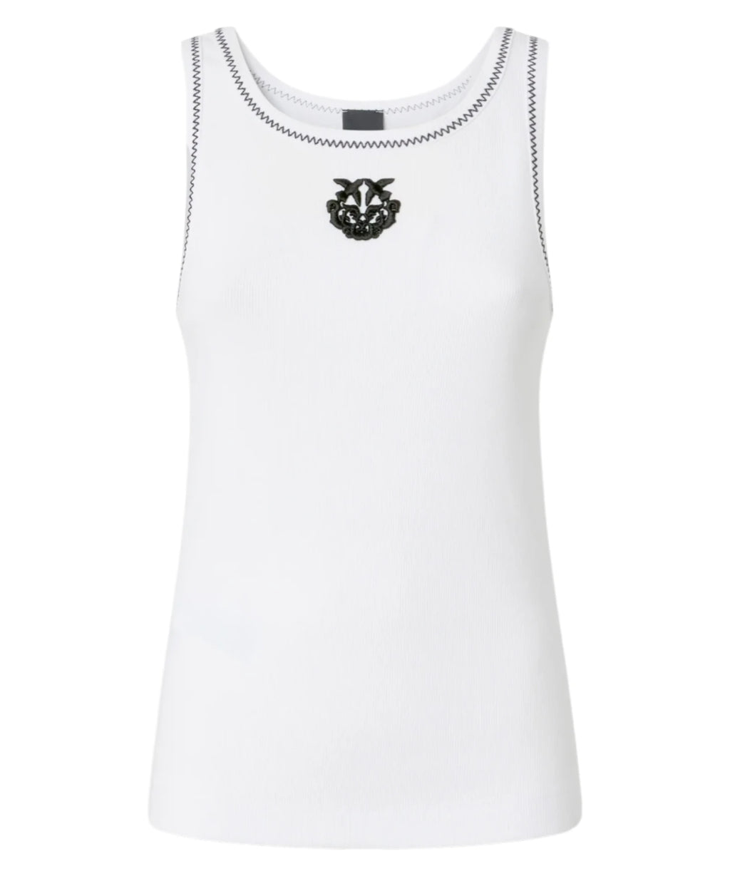 Pinko BITETTO Stretch Cotton Tank Top with Love Birds Embroidery