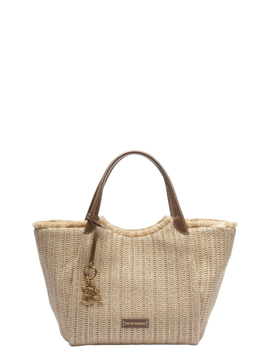 Shopper in paglia intrecciata con charm logo-Emporio Armani-Borse a spalla-Vittorio Citro Boutique