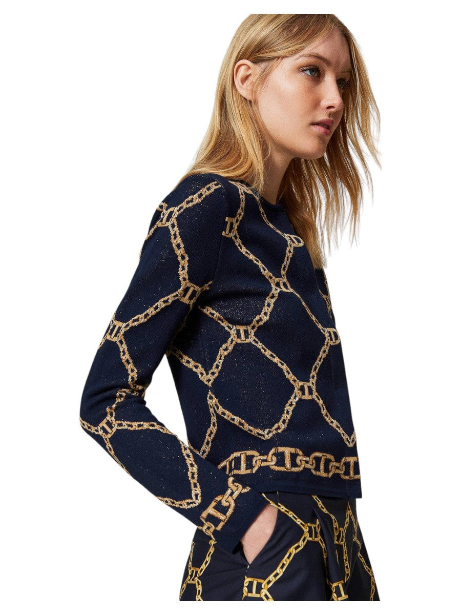 Giacca in maglia jacquard con catene-Twinset-Maglieria-Vittorio Citro Boutique