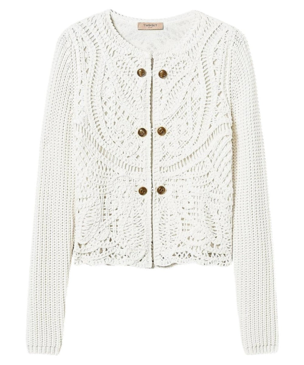 Giacca in Maglia Misto Lana Crochet con Chiusura Combaciata-Twinset-Maglieria-Vittorio Citro Boutique