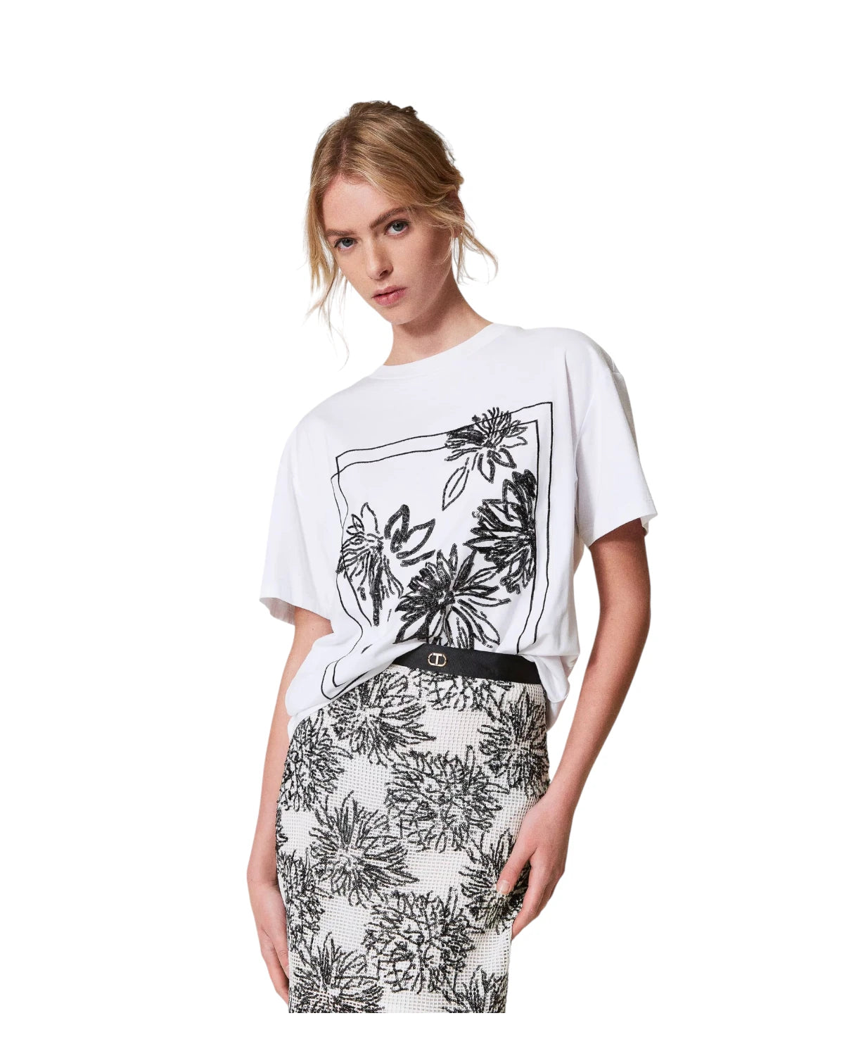 T-shirt in cotone con paillettes floreali-Twinset-T-shirt-Vittorio Citro Boutique