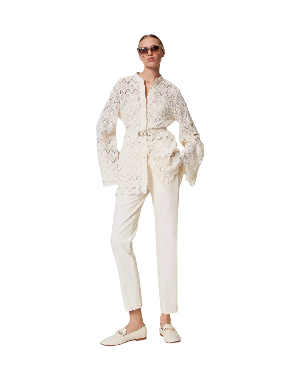 Maxi camicia in pizzo macramè con cintura e top abbinato-Twinset-Camicie-Vittorio Citro Boutique