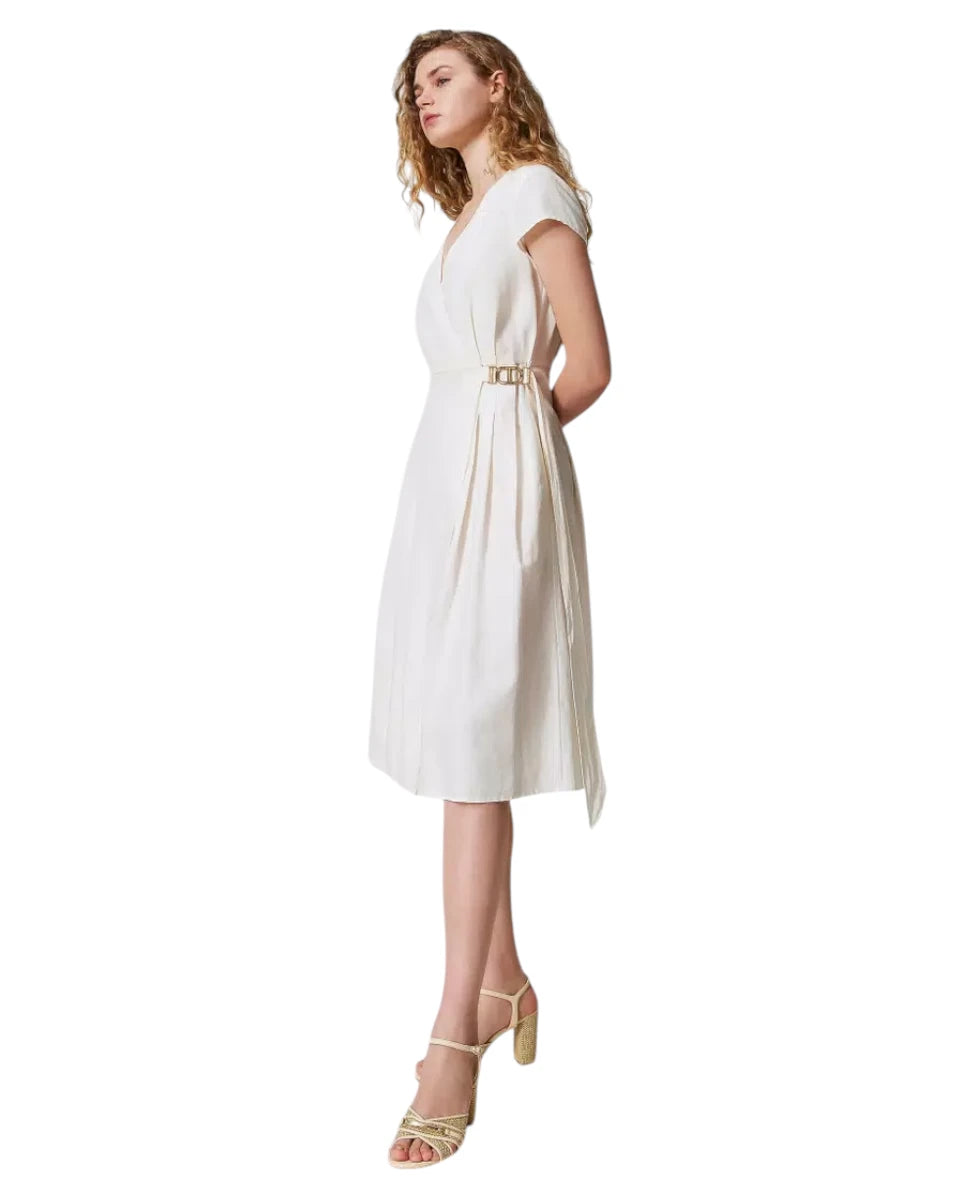 Abito longuette bianco a portafoglio in lino e lyocell con cintura Oval T-Twinset-Abiti-Vittorio Citro Boutique