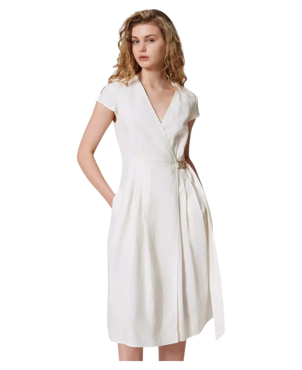 Abito longuette bianco a portafoglio in lino e lyocell con cintura Oval T-Twinset-Abiti-Vittorio Citro Boutique