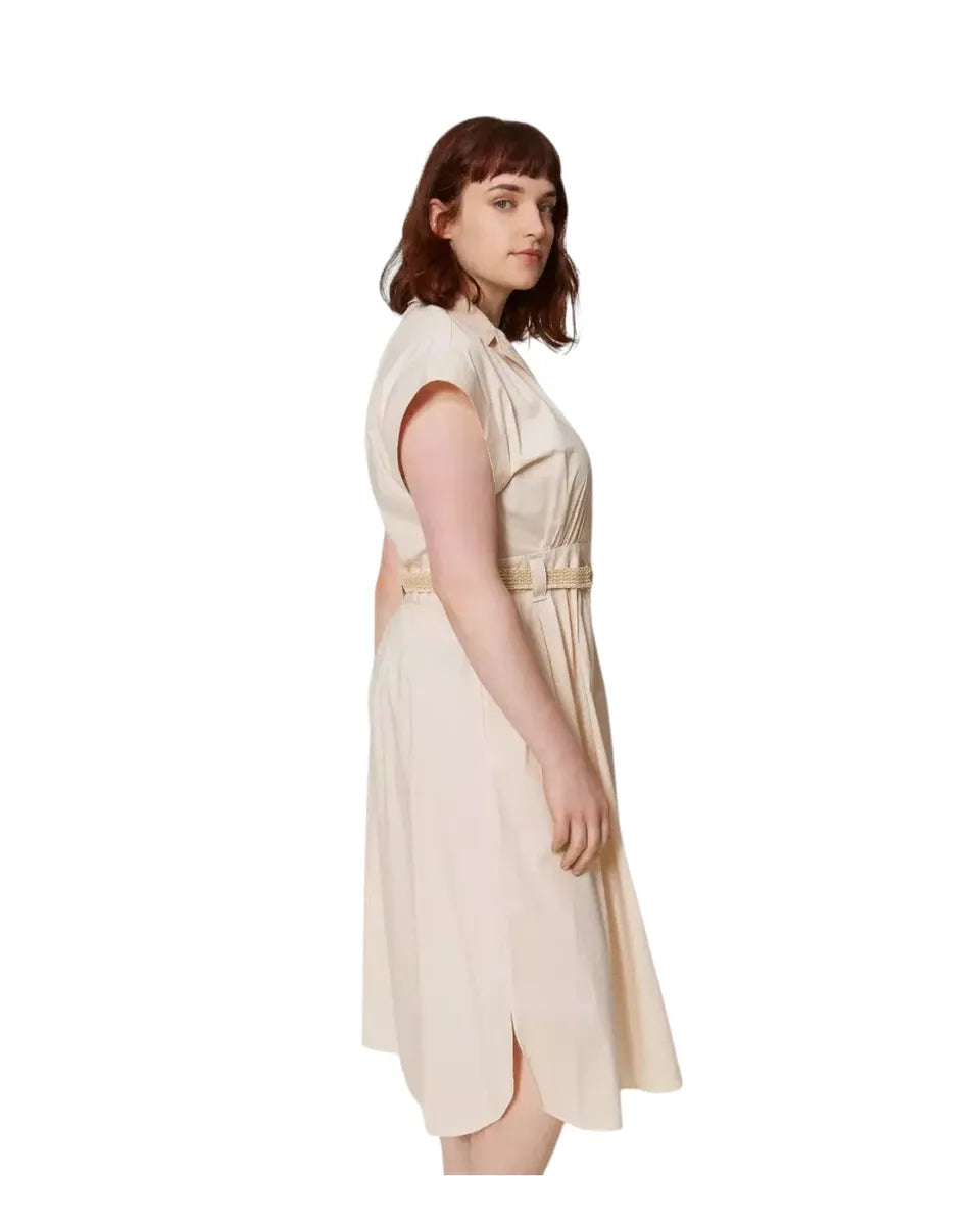 Abito chemisier longuette in popeline con cintura rafia-Twinset-Abiti-Vittorio Citro Boutique