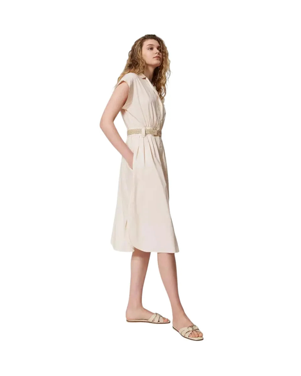 Abito chemisier longuette in popeline con cintura rafia-Twinset-Abiti-Vittorio Citro Boutique