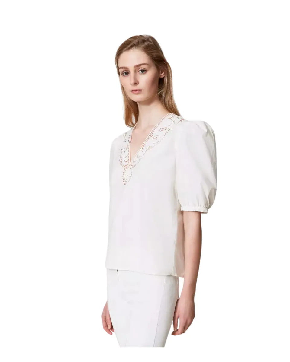 Blusa in popeline sangallo con maniche a sbuffo-Twinset-Camicie-Vittorio Citro Boutique