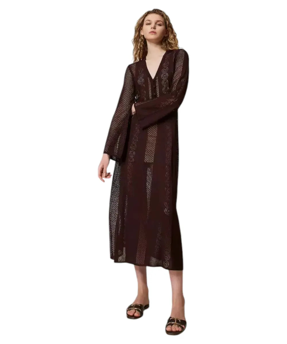 Abito Lungo in Maglia Punzonata “Coffee” con Sottoveste Abbinat-Twinset-Abiti-Vittorio Citro Boutique