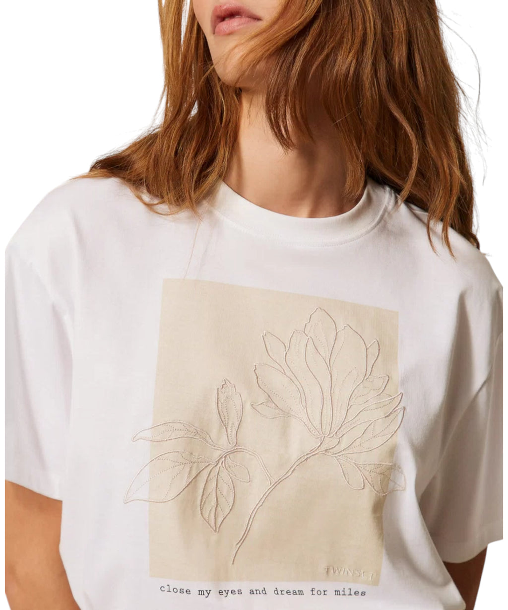 Camiseta de algodón con estampado y bordado Twinset