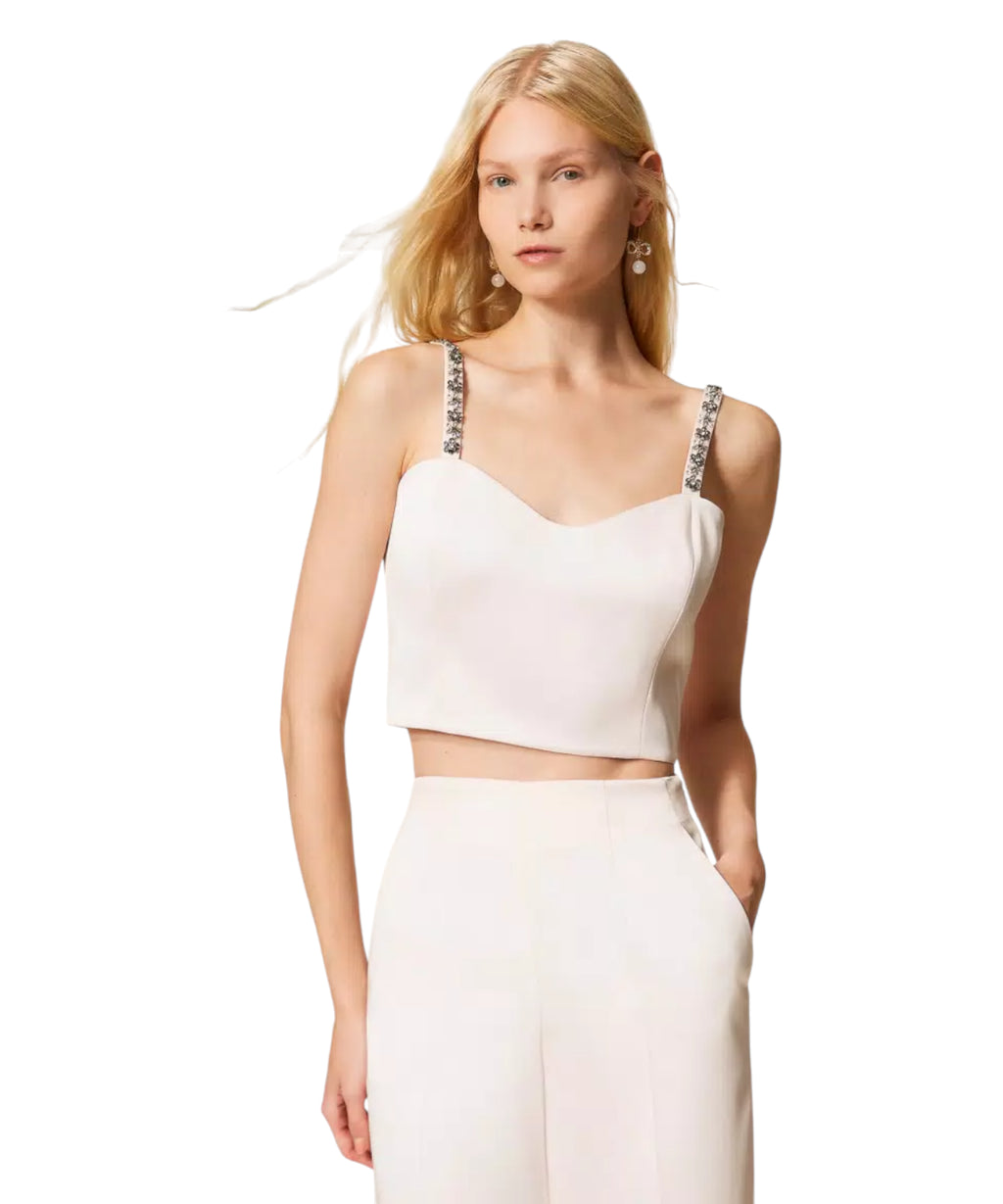 Twinset Pink Sand Duchess Cropped Top with Embroidery