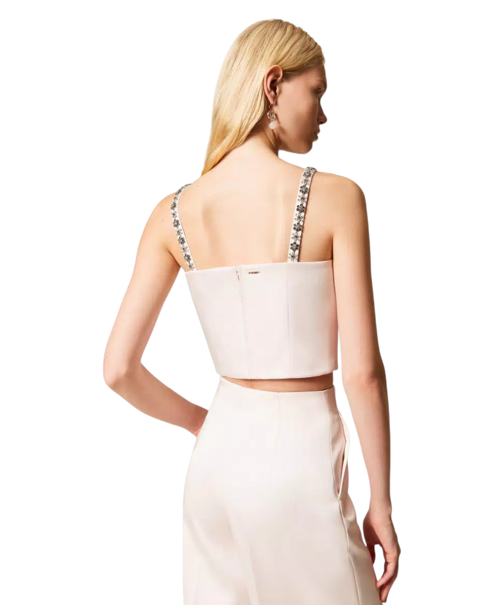 Twinset Pink Sand Duchess Cropped Top with Embroidery