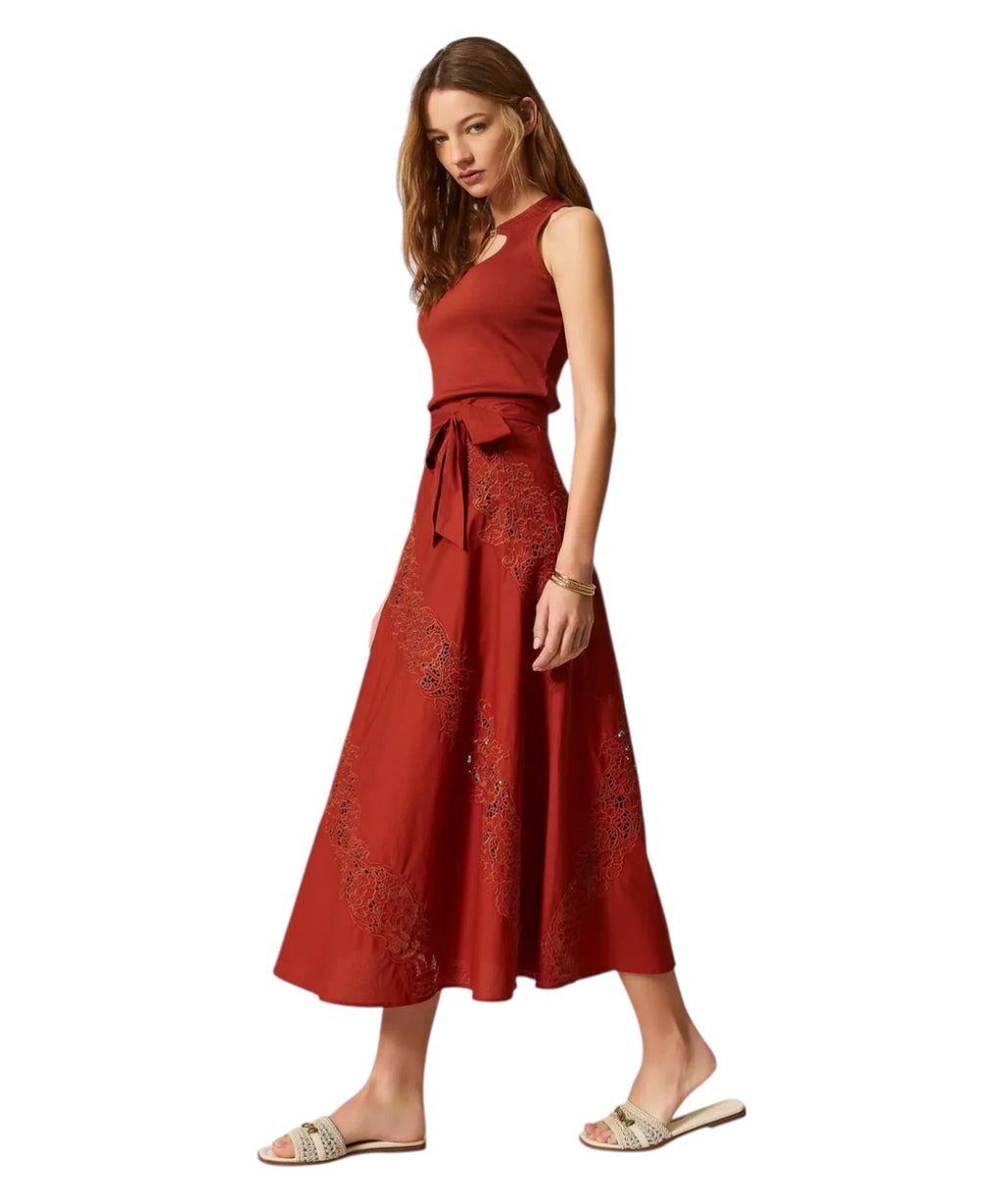 Long Cotton Skirt with Sangallo Embroidery
