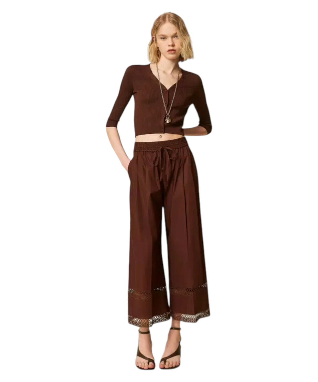Twinset Embroidered Cotton Poplin Wide-Leg Trousers