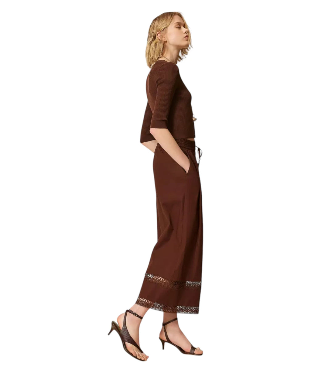 Twinset Embroidered Cotton Poplin Wide-Leg Trousers
