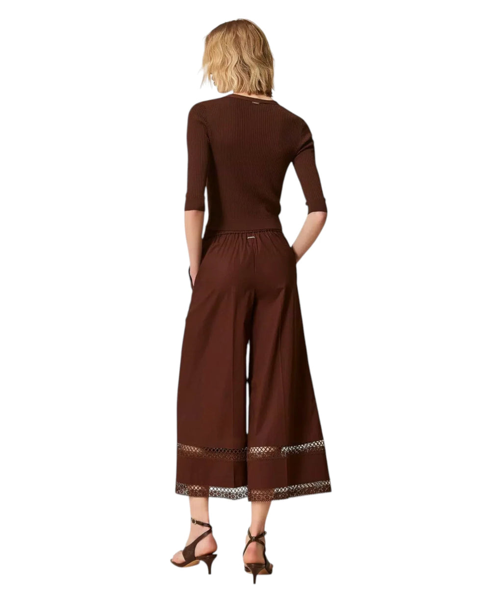 Twinset Embroidered Cotton Poplin Wide-Leg Trousers