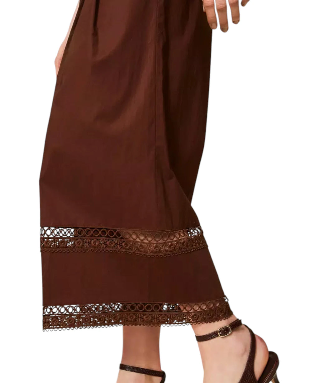 Twinset Embroidered Cotton Poplin Wide-Leg Trousers