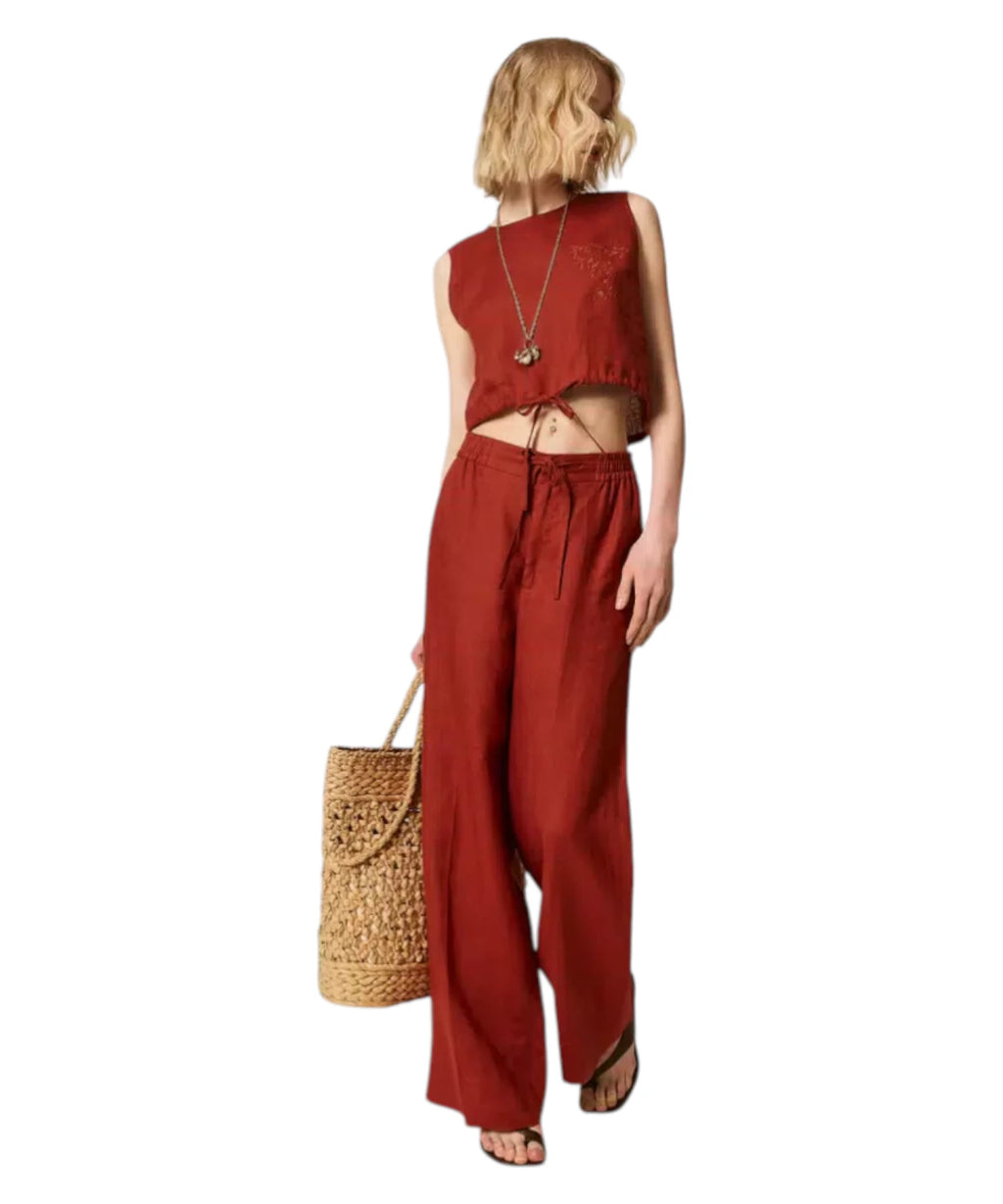 Twinset Embroidered Logo Linen Trousers