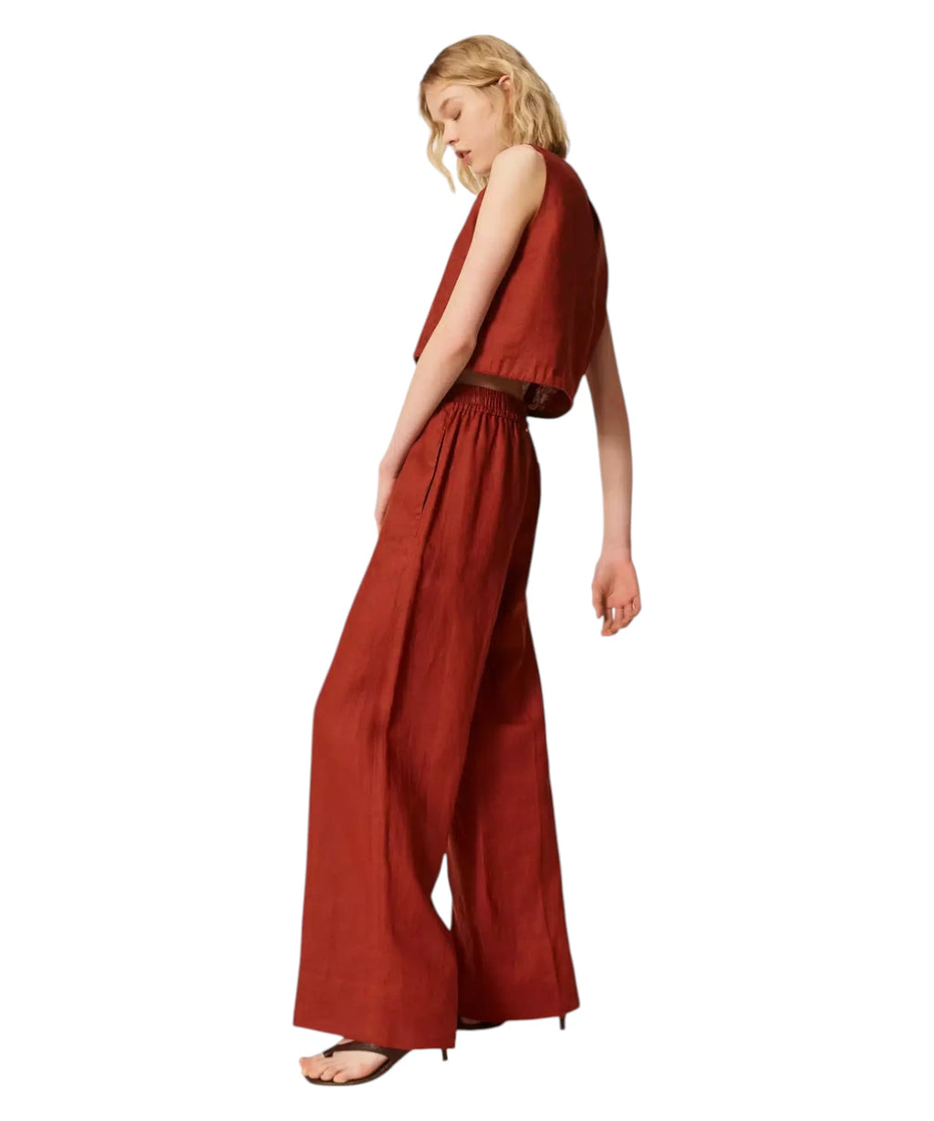 Twinset Embroidered Logo Linen Trousers