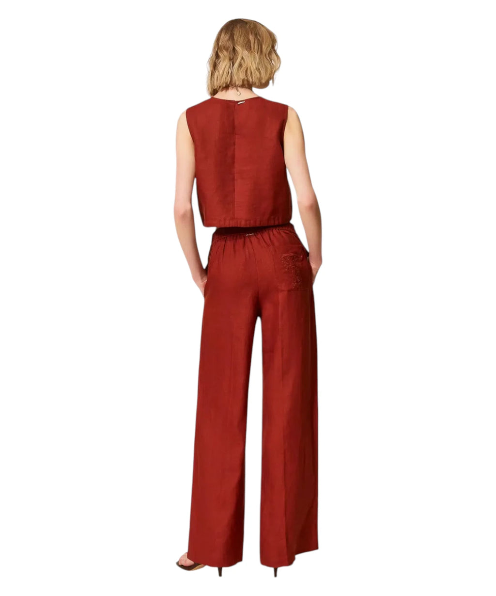 Twinset Embroidered Logo Linen Trousers