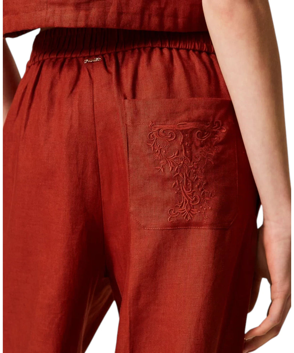 Twinset Embroidered Logo Linen Trousers