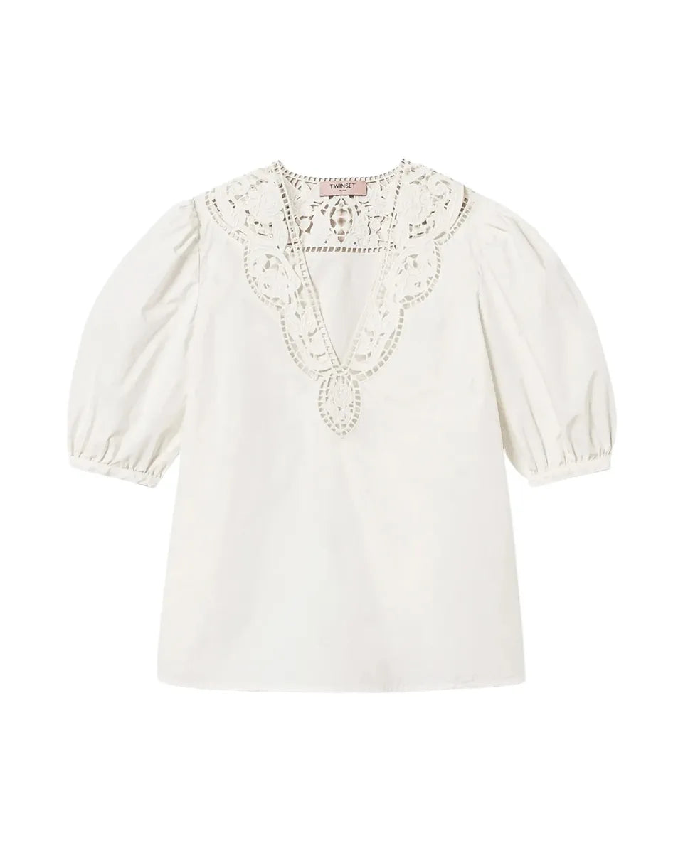 Blusa in popeline sangallo con maniche a sbuffo-Twinset-Camicie-Vittorio Citro Boutique
