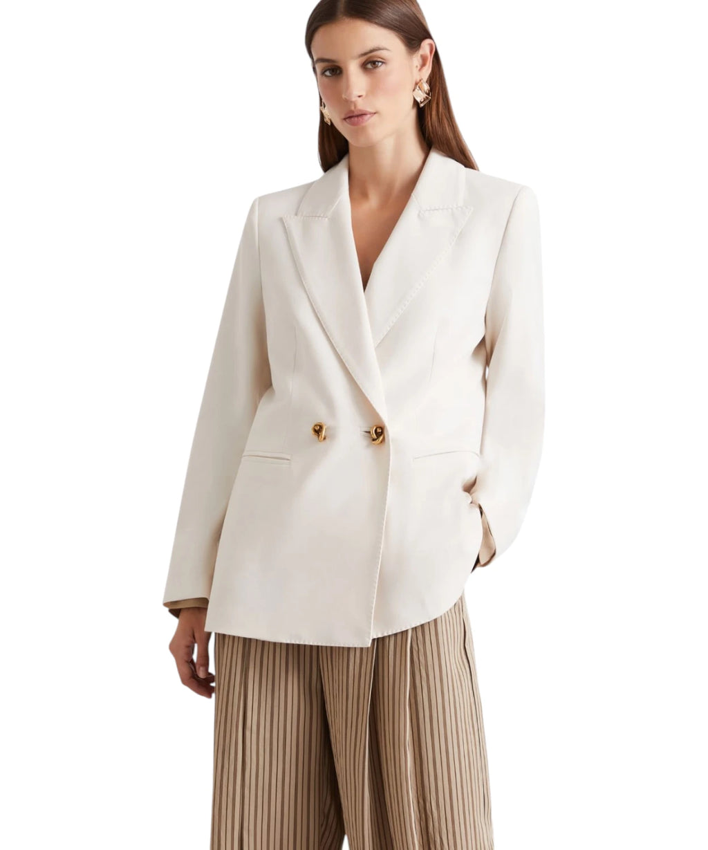 Double-Breasted Stretch Canvas Blazer with Metal Buttons