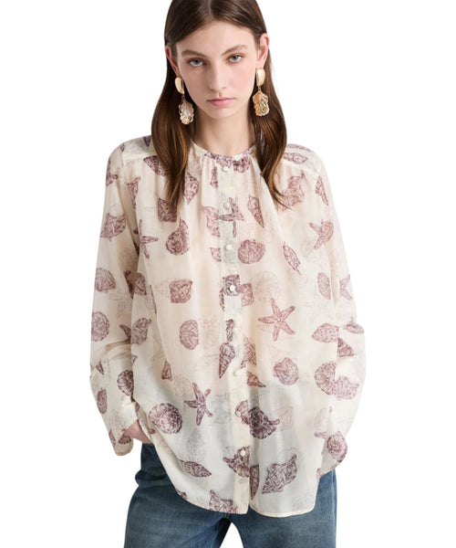 Camisa de voile de seda para mujer con botones forrados