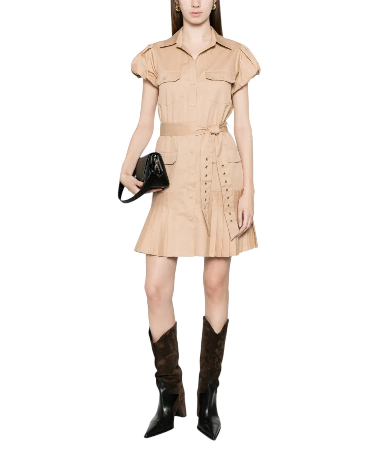 Midi Pleated Cotton Dress with Belt