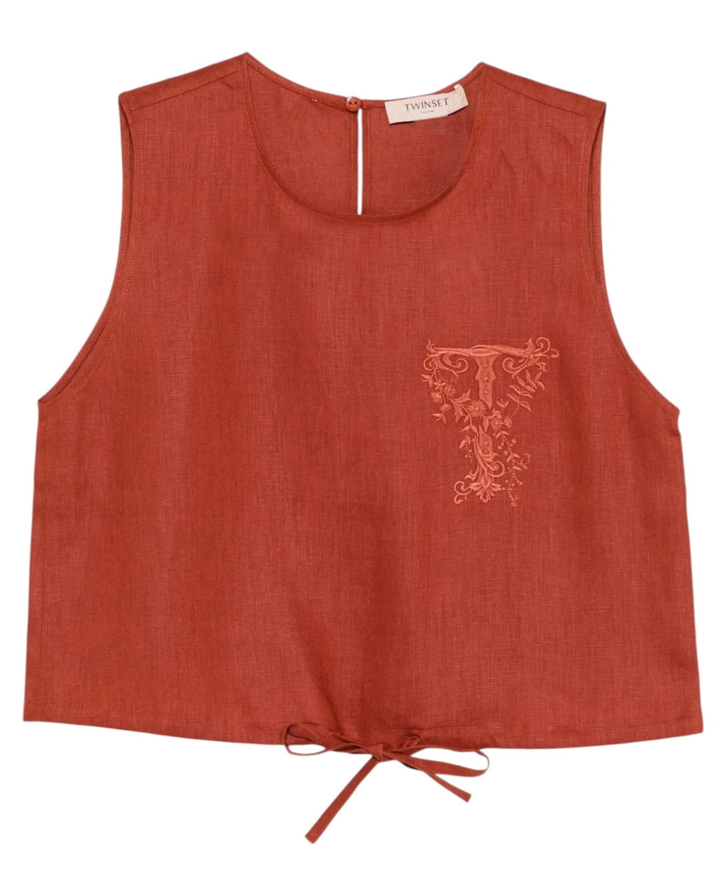 Crop Top Dames Twinset in Linnen met Knoop en Logo