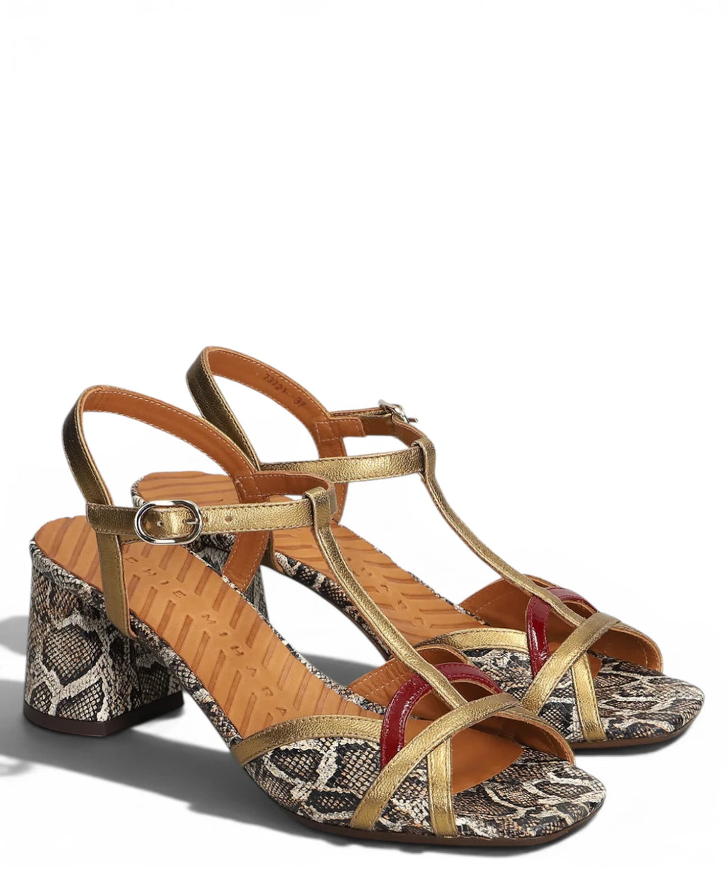 Chie Mihara Bronze Sandals with Python Print