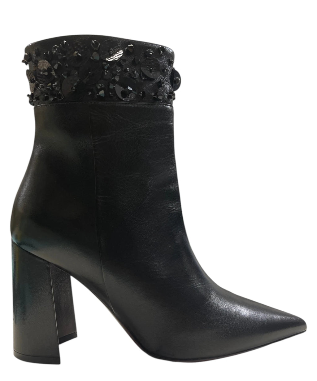 Black Leather Ankle Boots with Block Heel and Jewel Detail