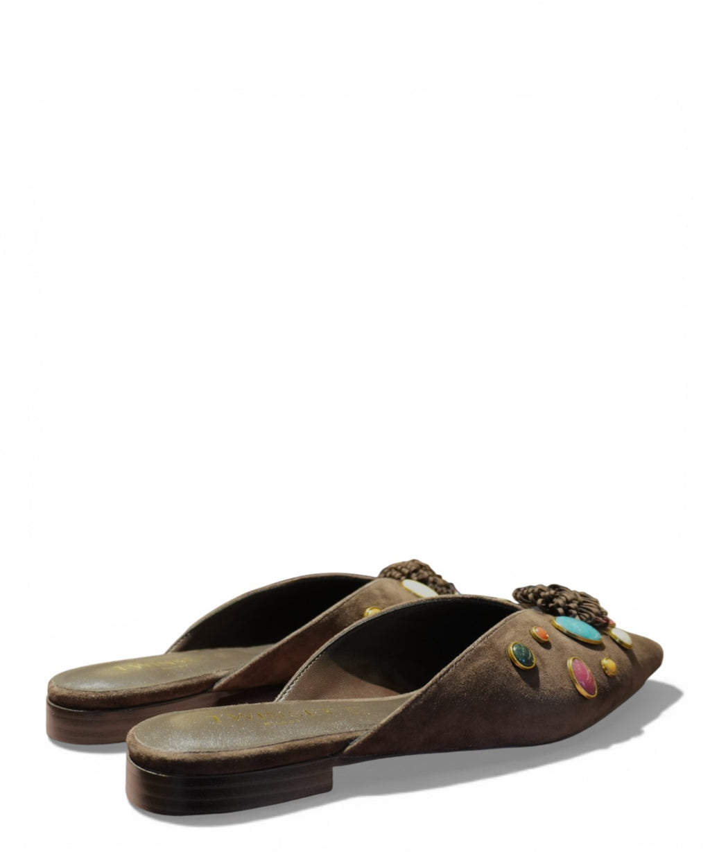 Pointed Suede Twinset Sabots with Applied Stones