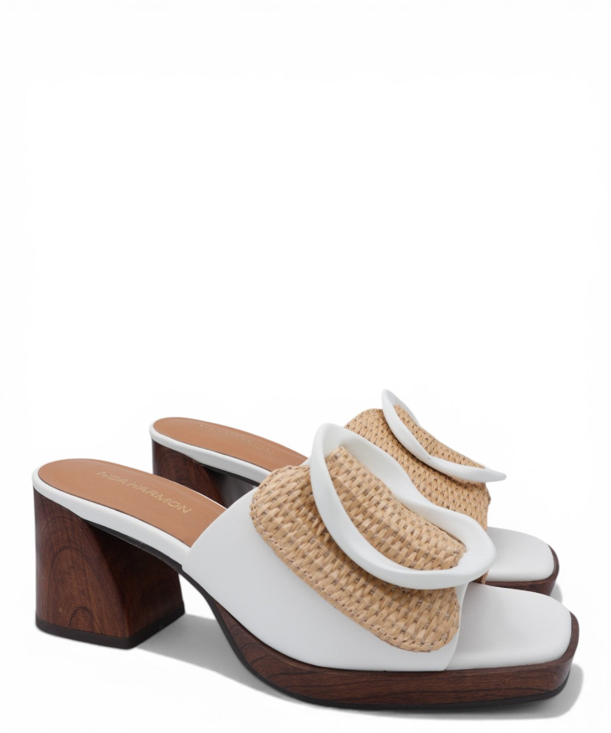 Women's wooden heel mules by Noa Harmon with braided buckle