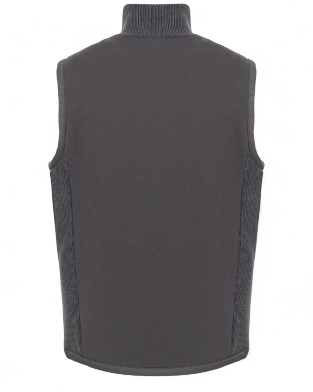Retro del gilet uomo trapuntato con pannello in felpa grigia e inserti laterali in maglia a costine, design moderno e confortevole.