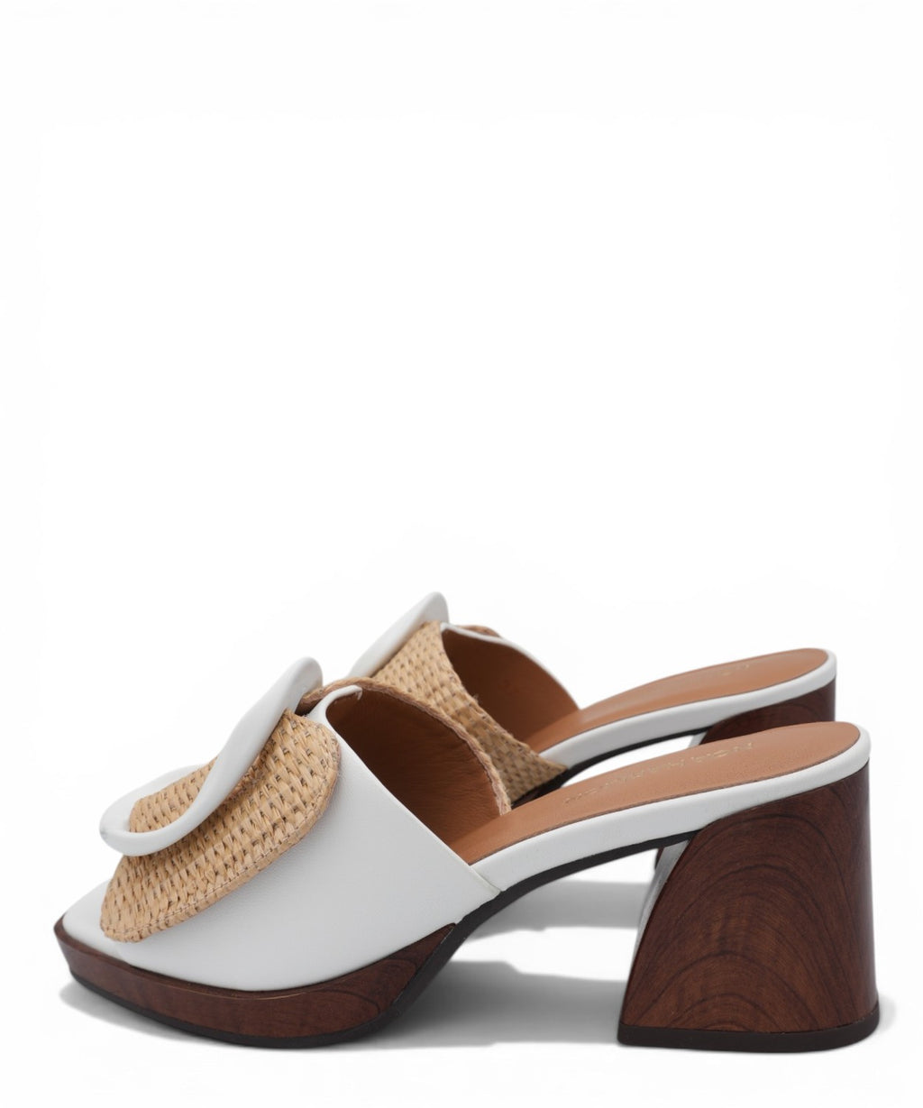 Women's wooden heel mules by Noa Harmon with braided buckle