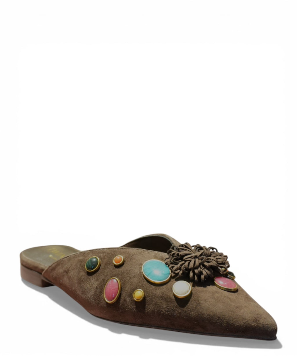Pointed Suede Twinset Sabots with Applied Stones