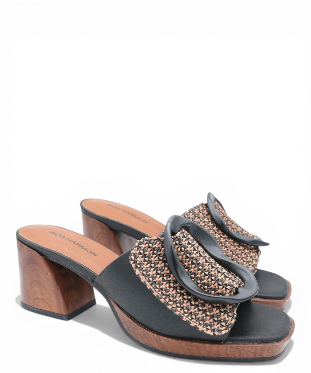 ROSE Noa Harmon mules wooden heel woven buckle