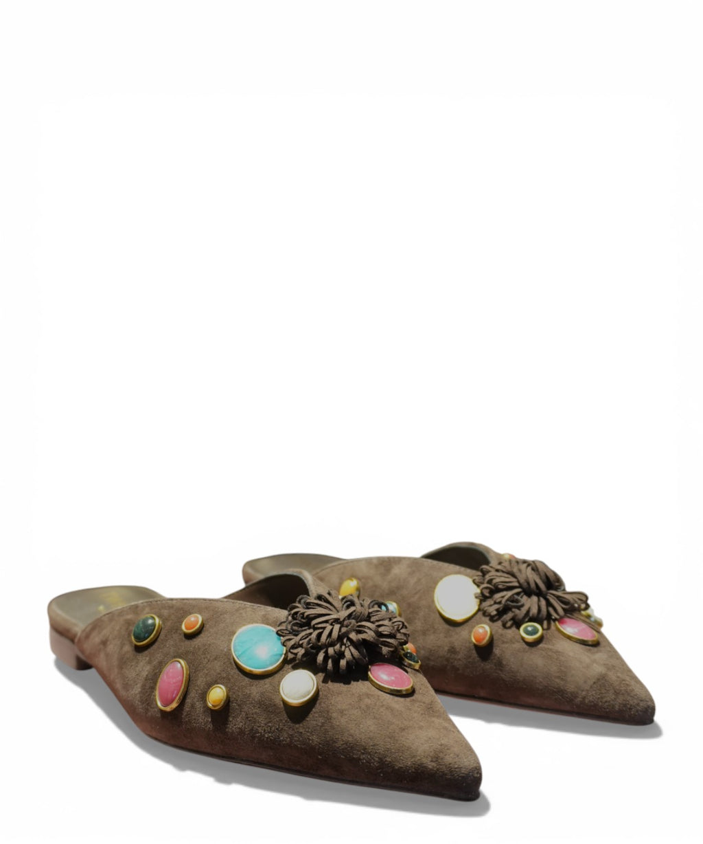 Pointed Suede Twinset Sabots with Applied Stones