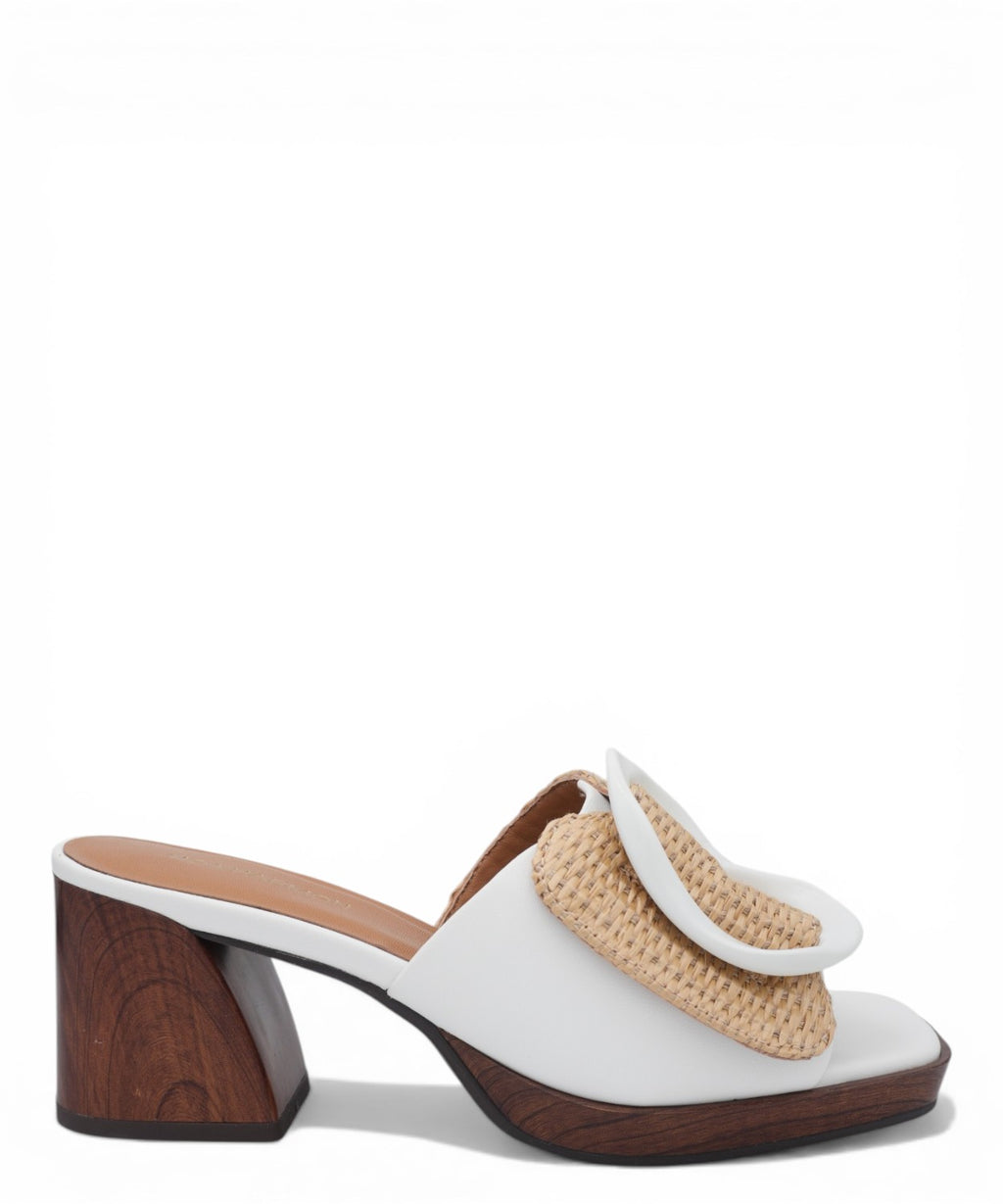 Women's wooden heel mules by Noa Harmon with braided buckle