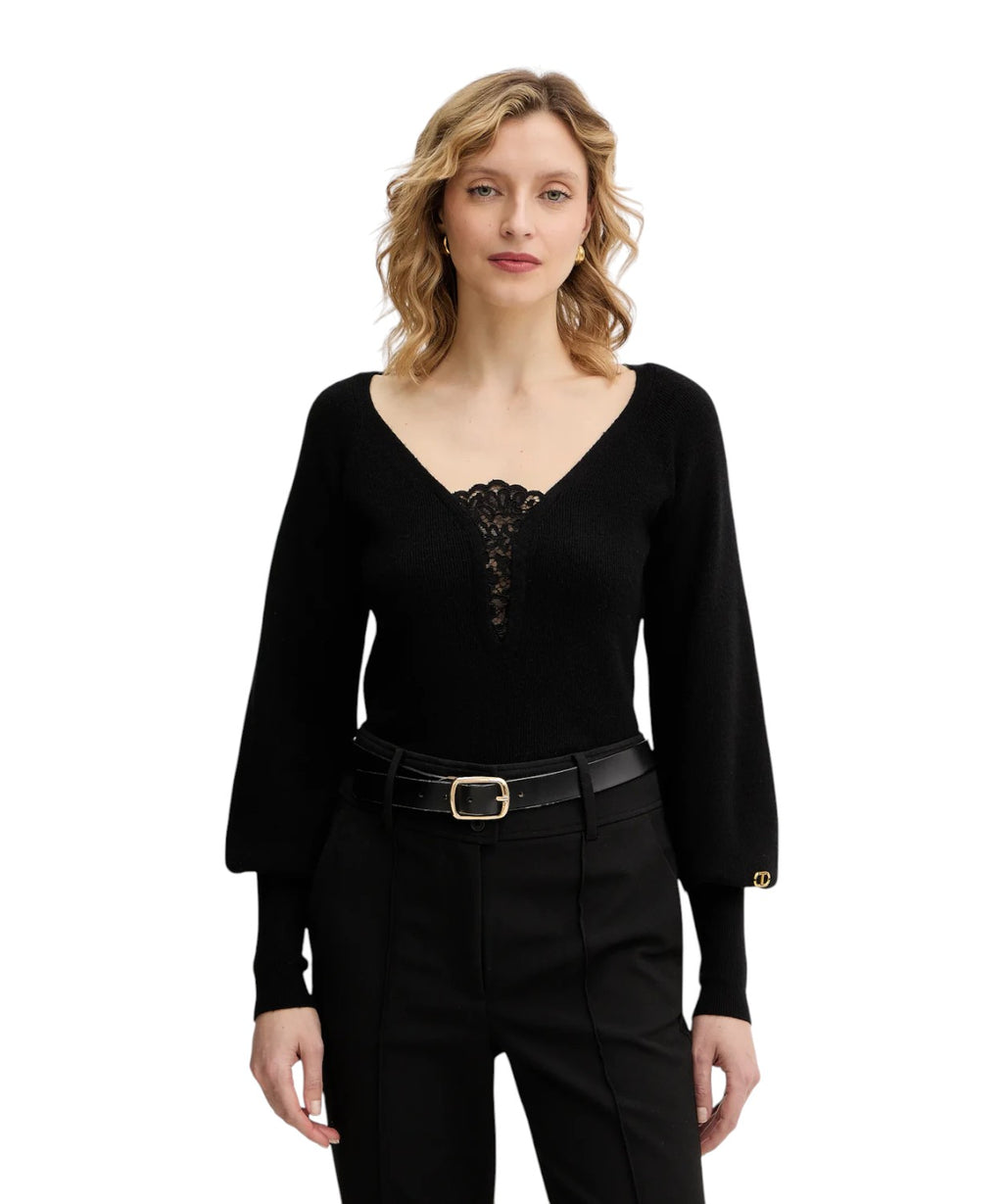 Ribbed Twinset Top with Lace Detail